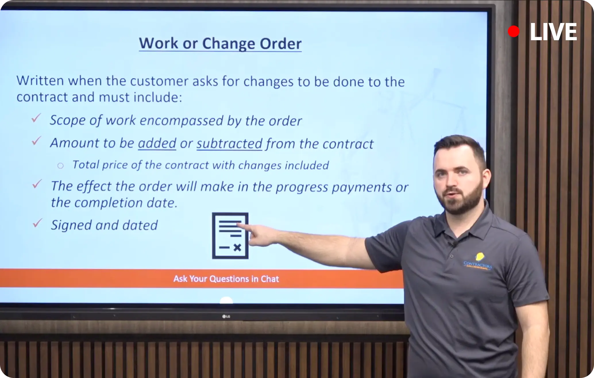 Live Law and Business contractor license class session