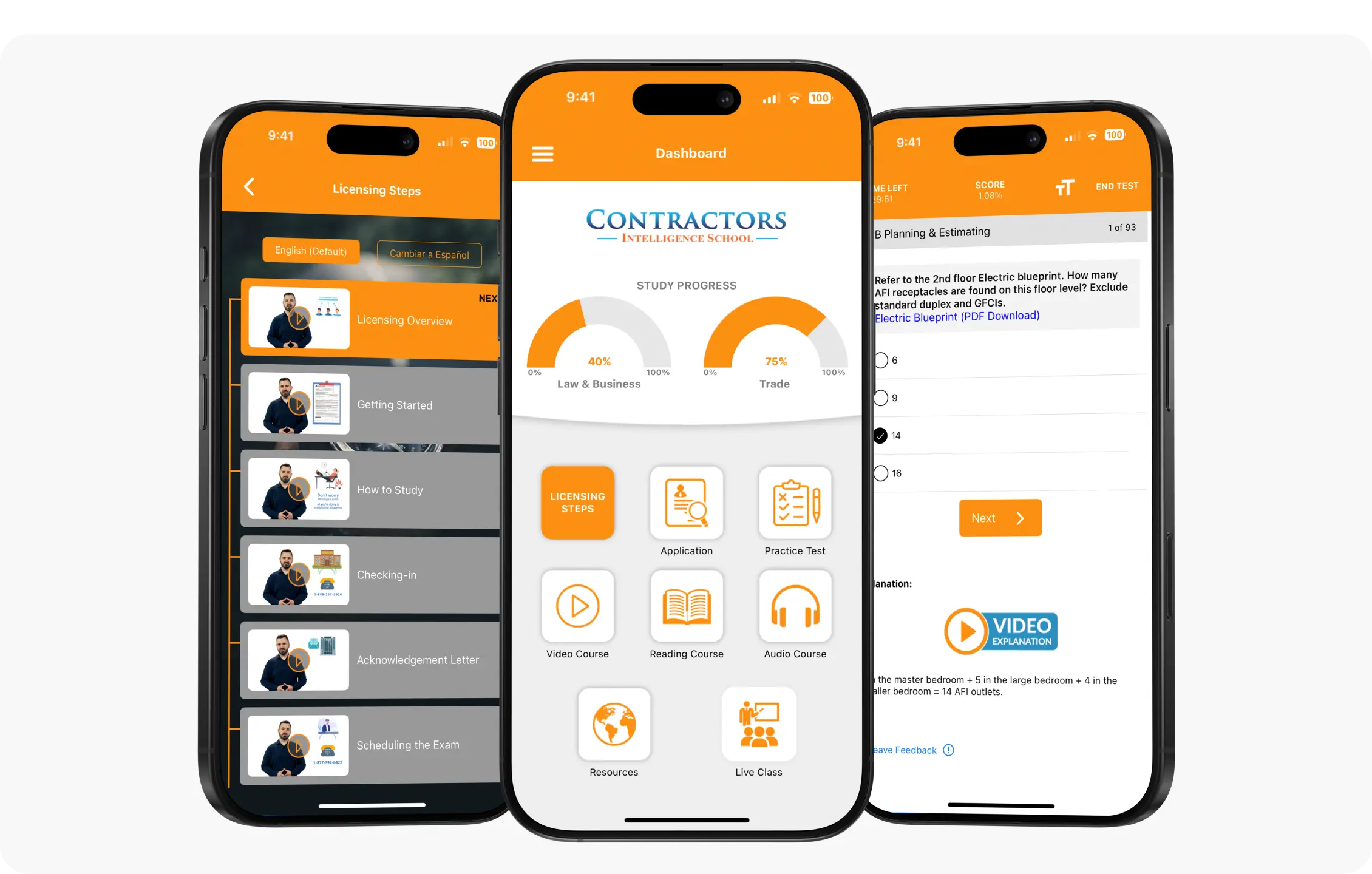 Mobile app for contractor license exam practice and study