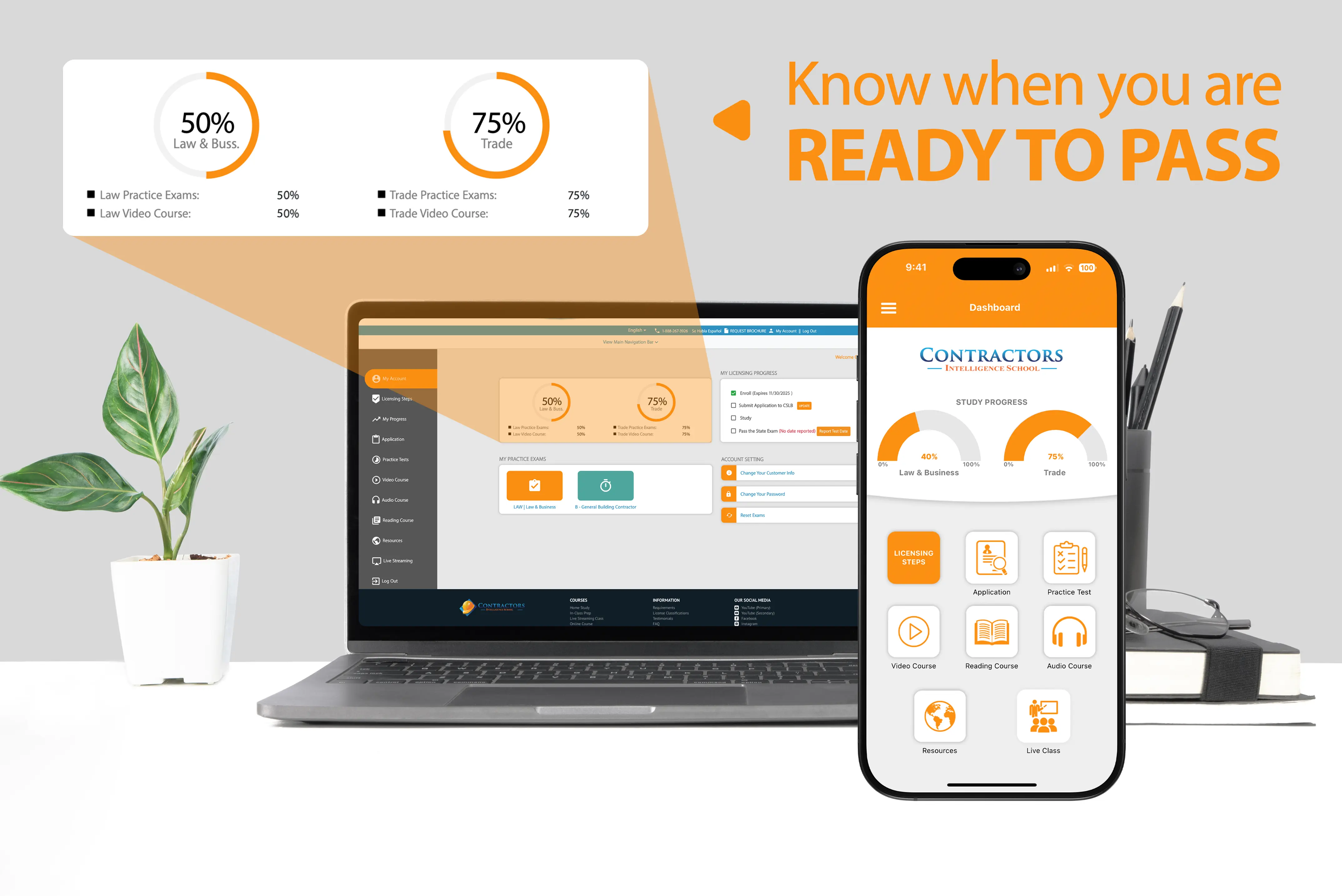Contractor license exam preparation course interface