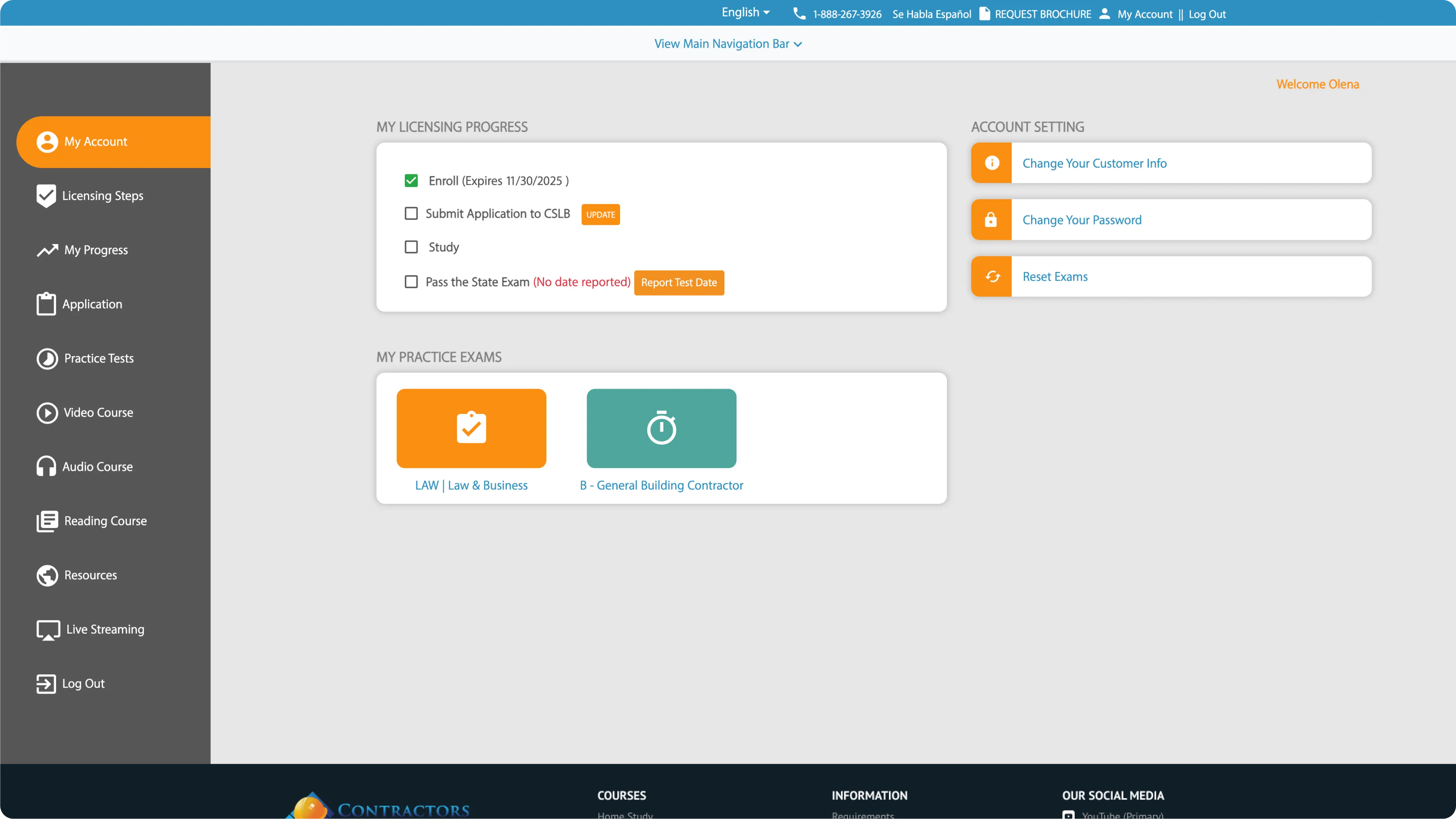 Contractor license study platform interface on desktop