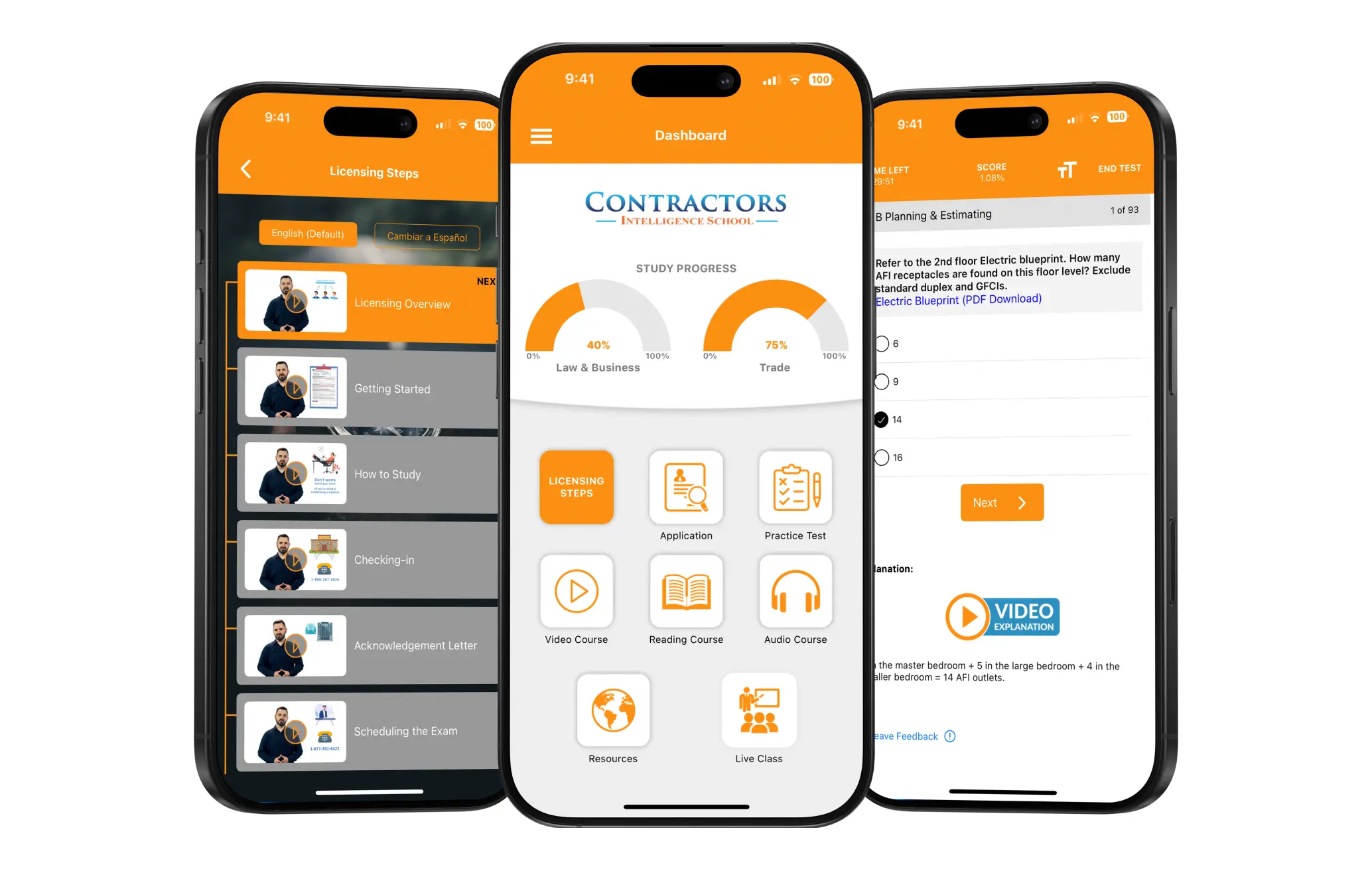 Contractor license course mobile app and multi-device access
