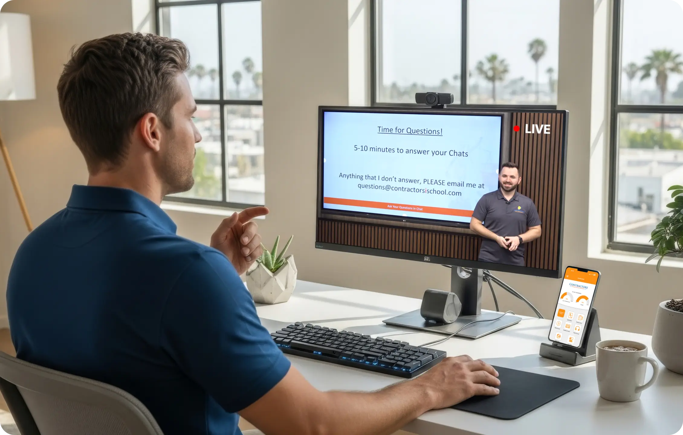 Student asking questions during live online contractor class